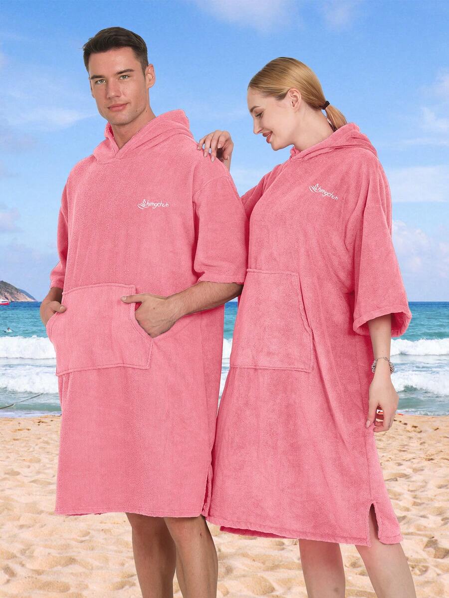 1pc Thickened Microfiber Warm Absorbent Soft Solid Color Embroidered Home Swimming Fitness Travel Beach Surfing Cape Cloak Bathrobe