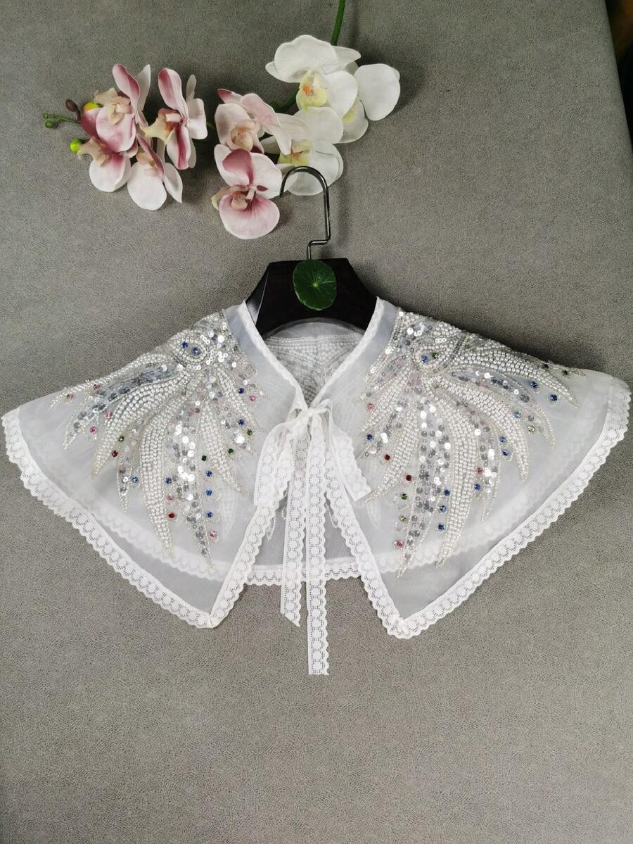 1件女款白色精緻水溶性特殊機繡條紋優雅聚酯纖維時尚新款四季百搭可拆卸領子