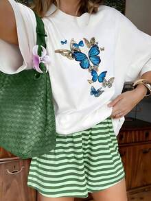 Aesthetic Blue Gold Gradient Flying Butterflies Graphic T-Shirt, 100% Cotton Oversized Soft Dreamy Tee, Casual Crewneck Top For Summer & Nature Lovers - 白色 - 查看 12