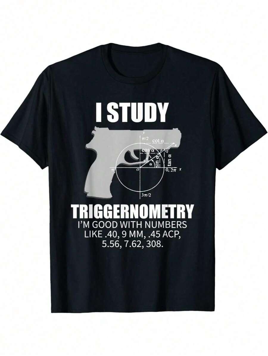 "Trigonometry Study" T-Shirt For Men Gun Owners - Support Second Amendment Rights, Soft Cotton, Casual Crew Neck T-Shirt With Formula Print - Black - View 1
