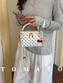 1 pieza Bolso de mano cuadrado pequeño casual y versátil de color negro, tela de cuadrícula bordada de moda, adecuado para el trabajo, almacenamiento de teléfono, lápiz labial, monedas, colgante no incluido - Blanco - Ver 2