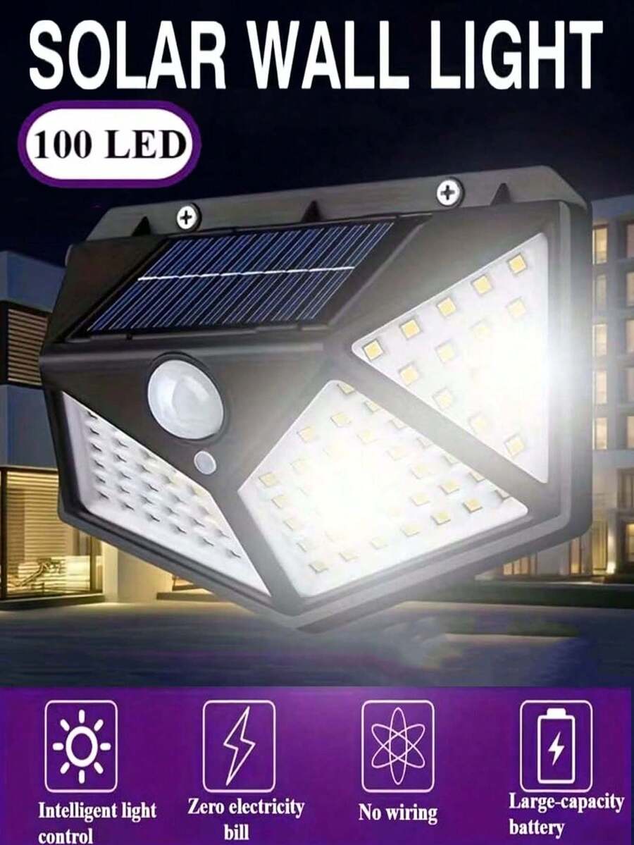 1个100颗LED太阳能感应壁灯，内置可充电锂离子电池，太阳能板充电，零功耗户外灯，3种照明模式，光感应自动开关，安全照明LED夜灯，适用于庭院、阳台、车库、马厩、花园、房屋入口，是情人节、母亲节、婚礼季、返校季、圣诞节、万圣节照明的理想之选。