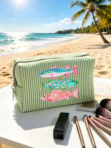 Seersucker Small Makeup Bag, Striped Embroidered Makeup Bag, Large Capacity Cosmetic Storage Bag, Travel Toiletry Bag, Perfect For Beach Trips, Swimming, Shopping And Daily Use, Suitable For Women, Travelers And Beach Lovers, Perfect For Spring Break, Easter, Mother's Day, Vacation And Gift Giving, Woven Material, Can Be Used As A Beach Bag, Shopping Bag And Travel Companion - Multicolor - View 15