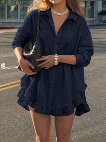 Women's Spring Casual Solid Color Front Button Ruffle Blouse Spring/Summer - Navy Blue - View 2