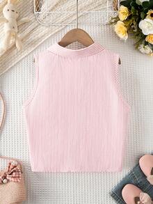 Tween Girl Casual Preppy Style Pink Cotton Striped Tie-Up Sleeveless Shirt, Suitable For Vacation, Gatherings, Group Activities - Pink - View 2