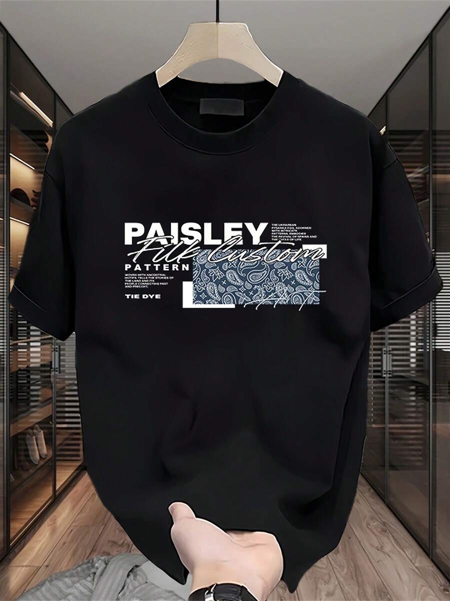 Camiseta de manga corta estampada a la moda para hombre, de algodón puro de peso pesado para verano, estilo coreano y japonés, prenda masculina versátil. - Negro - Ver 1