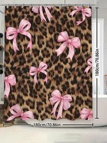 4PCS Leopard Print Base Pink Bow Sweet Cool Bathroom Set, Including Shower Curtain, U-Shaped Toilet Seat, Non Slip Floor Mat, Toilet Seat Cushion, With 12 Shower Curtain Hooks, 250th Anniversary Celebration, Holidays - A - View 5