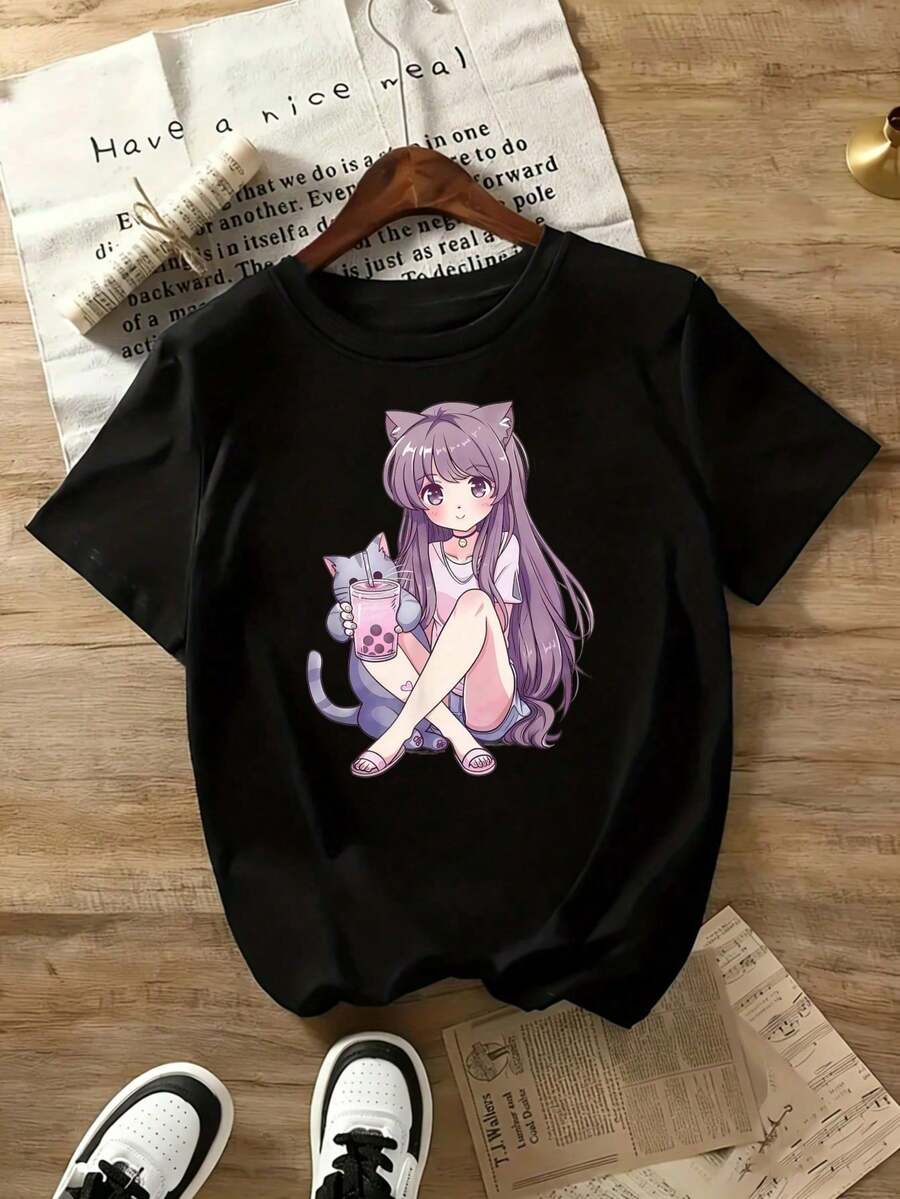 Fashionable Women's T-Shirt With Double-Sided Anime Letter Print - Short Sleeve T-Shirt, Round Neck, Comfortable And Casual, 100% Cotton. - 黑色 4 - 查看 1