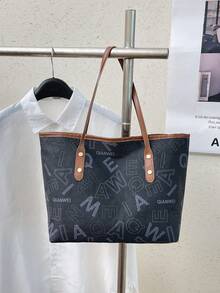 1 pieza Bolso tote de mujer de gran capacidad con decoración de remaches metálicos, bloques de color y monograma, de PU, color negro, nuevo para verano, bolso de hombro - Negro - Ver 2