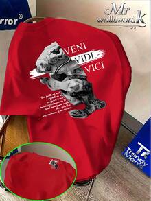 Estampado de retazos de una estatua rota de David combinado con la inscripción VENI VIDI, estampado doble en la parte delantera y trasera, camiseta de manga corta estilo casual urbano a - Blanco - Ver 11