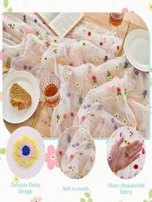 1件米白色雛菊刺繡薄紗桌旗，春季花卉網格桌旗，節日生日居家餐桌派對裝飾 - 白色 - 查看 6