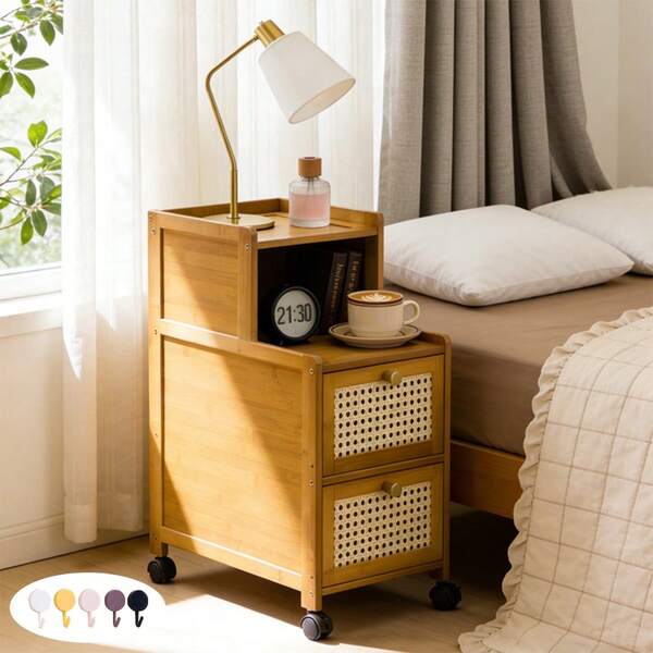 New Narrow Bamboo Bedside Table With Drawers, Modern Minimalist Style Small Bedside Cabinet On Wheels | Suitable For Storage In Small Bedroom Spaces | Sturdy Multifunctional Movable Side Table For Bedroom/Study/Living Room