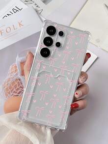 1pc Transparent Four-Corner Anti-Drop Card Holder Case With Painted Pink Heart & Bow Pattern TPU Phone Cover Compatible With Google Pixel 7, Galaxy S23 Ultra/A14/A24, Note 12 Pro, Pixel 8/8 Pro - Multicolor - View 1