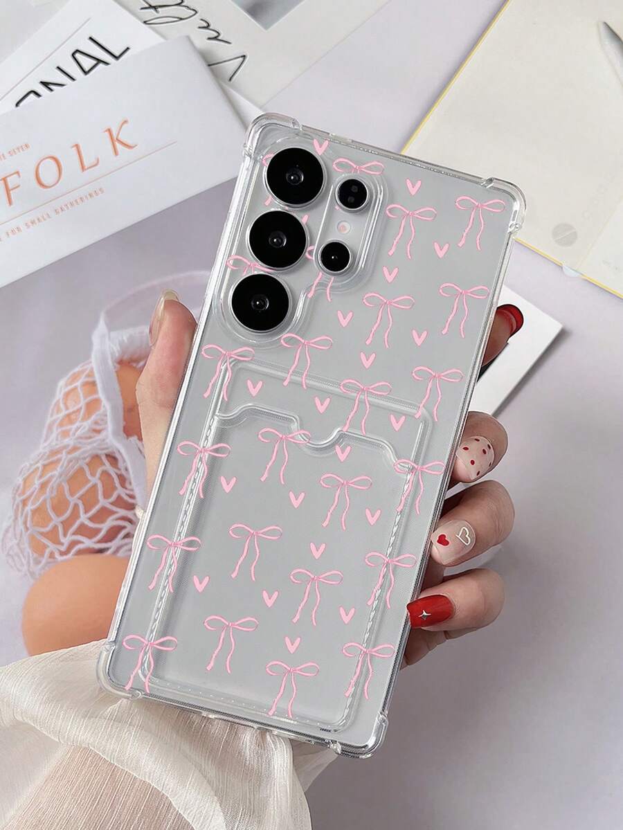 1pc Transparent Four-Corner Anti-Drop Card Holder Case With Painted Pink Heart & Bow Pattern TPU Phone Cover Compatible With Google Pixel 7, Galaxy S23 Ultra/A14/A24, Note 12 Pro, Pixel 8/8 Pro - Multicolor - View 1