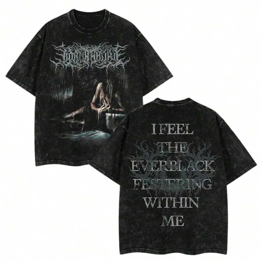 Camiseta de Algodón Unisex Oversize Lavada Vintage de la Banda de Heavy Metal Rock Lorna Shore, Estilo Gótico Punk Emo Grunge Streetwear de los 90, Regalo para Amantes de laúsica - Negro - Ver 1