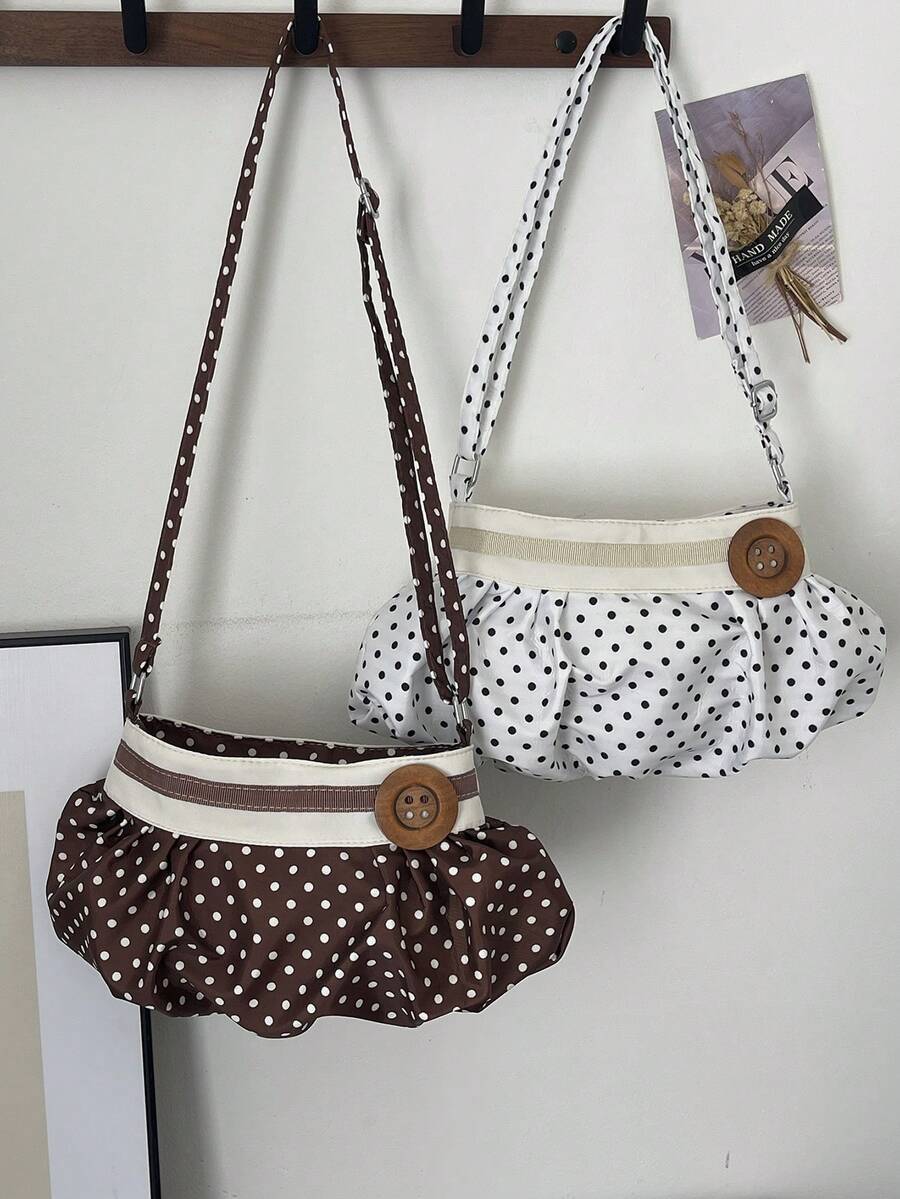 1個女款素色刺繡柔軟面料印花圓點百褶拉鍊開合單肩斜背包，適合購物與旅行