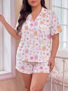 2pcs/Set Conjunto de pijama para mujer, estampado de estrella de mar y coco, ropa de estar en casa para mujer, atuendo de vacaciones de primavera/verano, top de manga corta con solapa y pantalones cortos, se puede usar en el exterior - Multicolor - Ver 9