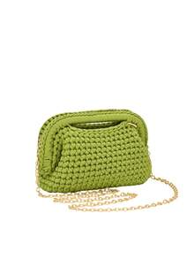 Cute Cloud Light Blue Chunky Knit Women's Handbag - Handmade Woven Gold Chain Handbag, Soft Cloud Texture Tote Bag, Daily, Beach, Travel, Brunch, Bohemian Style Women's Shoulder Bag - Green - View 9