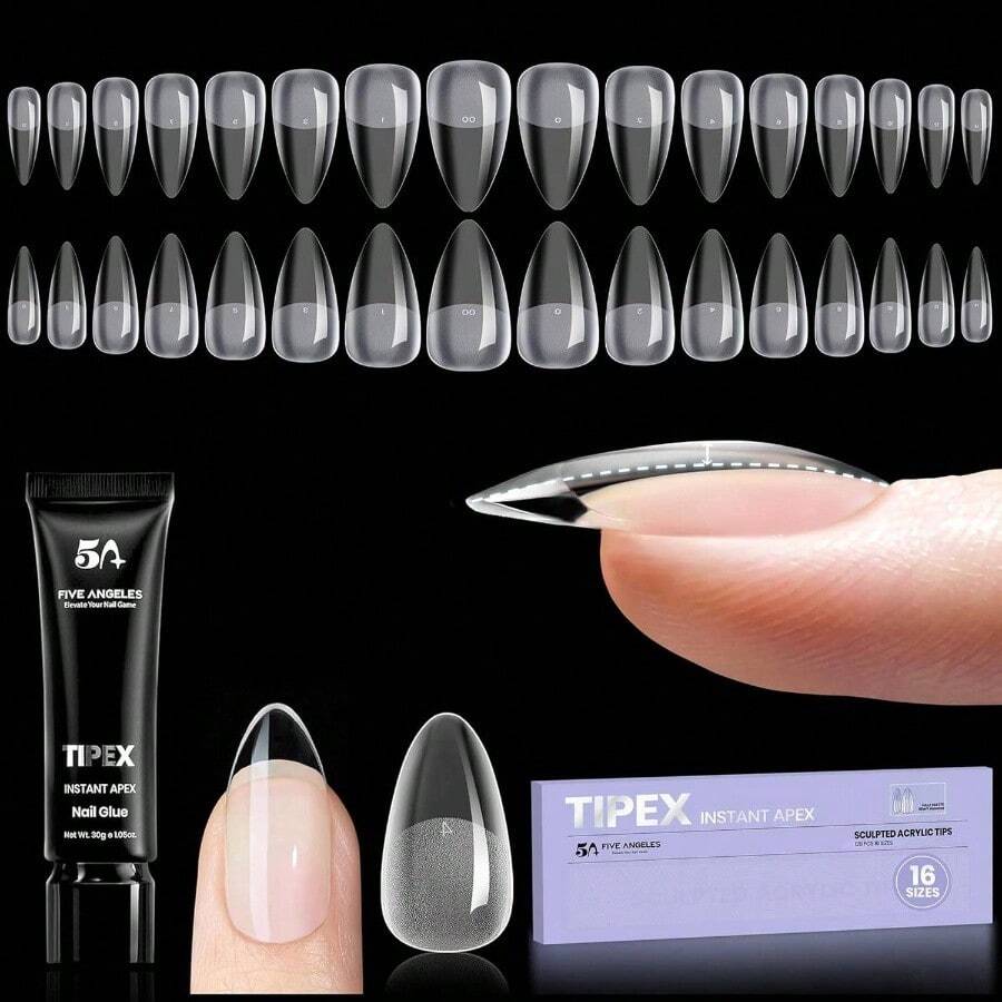 Puntas de uas Tipex Instant Apex, puntas cortas de gel en almendra, con 15 g de pegamento Tipex, uas postizas pregrabadas, gruesas, resistentes y duras, con parte inferior mate, 128 - 1-2 Tipex Almendra Corta 128 piezas/16 tamaños - Ver 1