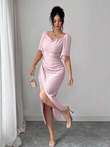 yonghongmaoyi1  Vestido elegante ajustado con cuello de volantes, mangas de pétalos y hebilla metálica de bloque de color para mujer, primaver - Verde - Ver 7