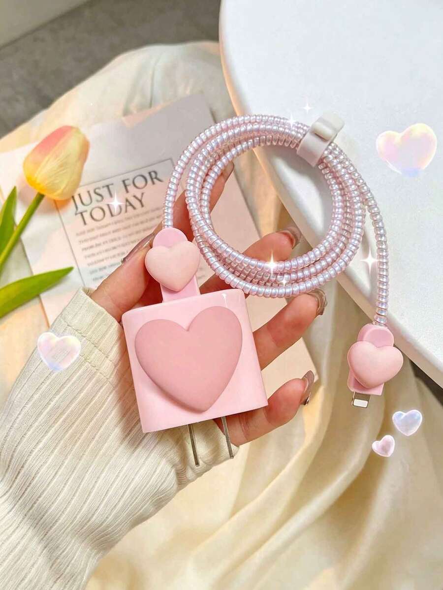 5pcs Cute Pink Heart Protective Covers, Compatible With IPhone 18W/20W Chargers, Prevent Breakage - Pink - View 1