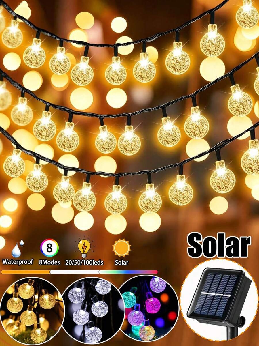 1pc 20/50/100LED Solar Garden Lights String,Crystal Ball String Light Outdoor Waterproof 5m/7m/12m Fairy Lights,8 Modes,Halloween Outdoor Decorations Lights, For Garden Tree Patio Camping Party Christmas Courtyard Party Decorations