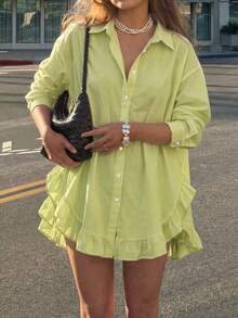 Blusa casual de primavera para mujer, unicolor, con botones delanteros y volantes, primavera/verano - Verde - Ver 2