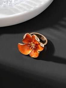 1pc Women's Fresh & Gentle Enamel Orange 3D Flower Stamen 5-Petal Flower Ring, Suitable For Daily Wear, Dates And Vacations - Orange - View 3