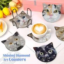 Little Cat 8pcs DIY Diamond Painting Coaster Set, Round High-Gloss Rhinestone Surface, Firm Adhesion With Complete Tool Set, Easy For Beginners, Stress-Relieving Handmade Craft, New Year Spring Festival Valentine's Day Christmas Teacher's Day Holiday Gift, Home Dining Table Coffee Table Heat-Insulating Decorative Coasters, Gift For Family Friends Besties Teachers - Multicolor - View 6