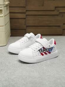 YAMEPP Kids' Colorblock Graffiti White Sneakers, Spring/Summer Canvas Lightweight Hook And Loop Campus Sports Shoes, Colorblock Letter Children's Flat Shoes, Star & Stripe Print White Sneakers, Student Casual Flat Shoes - Red and White - View 9