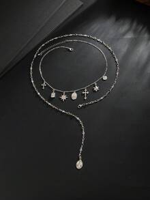 2pcs/Set Men's Double Layer Y-Shaped Necklace Set, Silver Tone Colorful Rhinestone Cross And Virgin Mary Pendant Necklace, Gothic Street Style Jewelry - White K - View 8