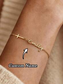 1pc Personalized Name Cross Bracelet With Birthstone, Delicate Gold Cross Bracelet, Mother's Day Gift, Customized Name Bracelet, Easter Gift, Personalized Gift, Customized Gift, Gift For Loved Ones, Gift For Partners, Personalized Birthday Flower, Anniversary Gift - Multicolor - View 1