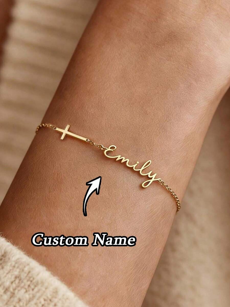 1pc Personalized Name Cross Bracelet With Birthstone, Delicate Gold Cross Bracelet, Mother's Day Gift, Customized Name Bracelet, Easter Gift, Personalized Gift, Customized Gift, Gift For Loved Ones, Gift For Partners, Personalized Birthday Flower, Anniversary Gift - Multicolor - View 1