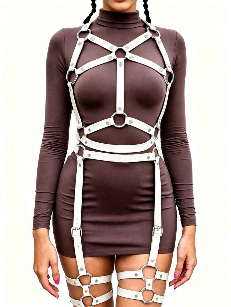 1 Set Women's Punk Style Red Sexy Body Harness With Leg Straps And Garter Belt, Suitable For Club Parties, Personalized Outfits Or Carnival Parties - White - View 1