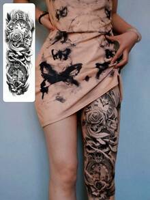 1件裝女性手臂紋身貼紙 48*17CM，黑色玫瑰、骷髏、時鐘、花卉臨時紋身貼，黑色花卉印花，防水防汗，性感酷炫，適用於女性手臂、大腿，大尺寸，逼真效果，易使用易撕除，婚禮音樂節派對用品 - 黑色 - 查看 4
