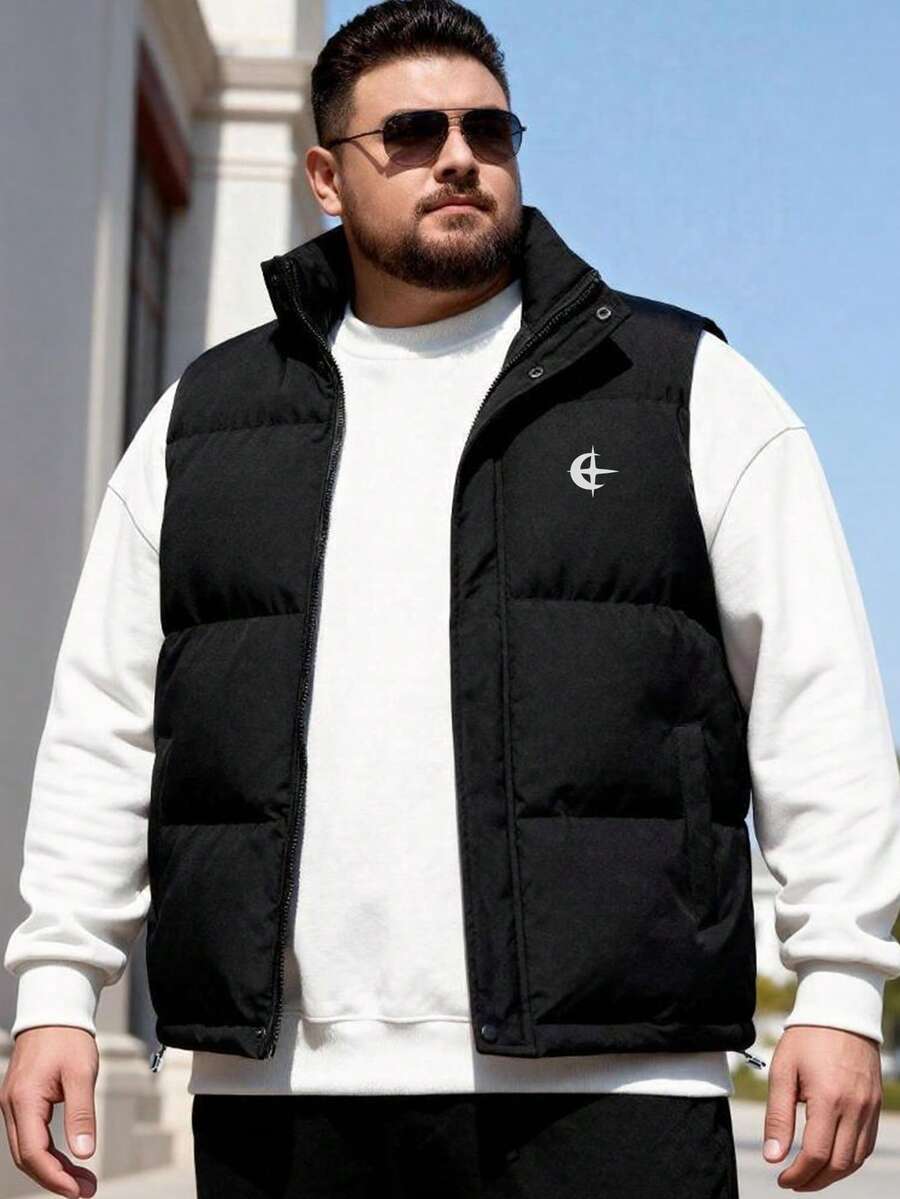 Herrväst för höst/vinter, förtjockad, kalltålig, lös passform, plus size, ytterplagg, 1 st, lämplig för vardag, pendling och utomhussporter - Svart - Visa 1