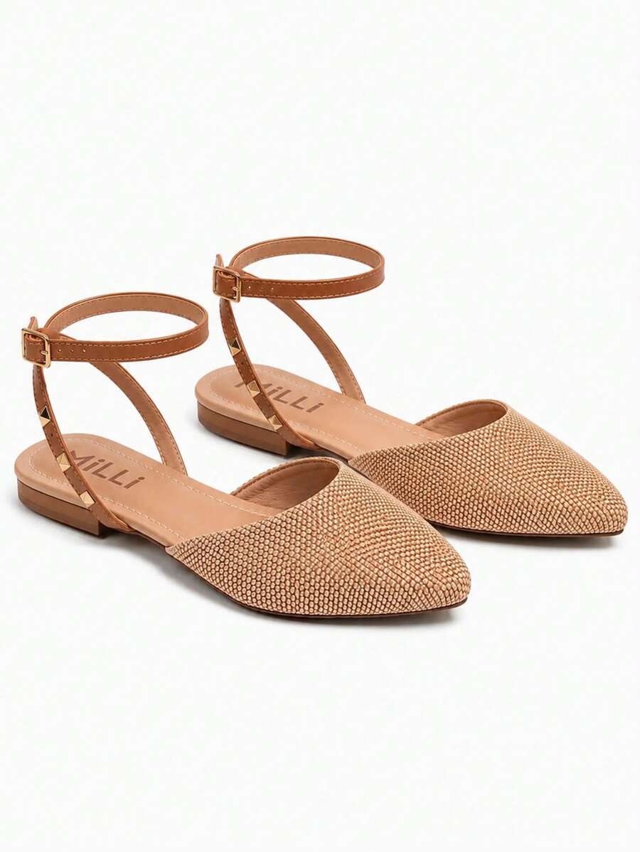 Women's Flat Shoes With Pointed Toe, Adjustable Ankle Strap, Spikes, Comfortable - Champán - Ver 1