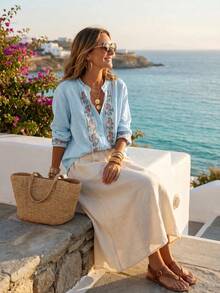 Damen Vintage bestickte weite Boho-Stil Bluse, lässiges Top für Frühling und Herbst - Blau - Übersicht 1