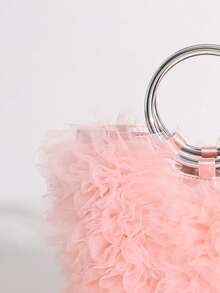 Elegant Pink Tulle Ruffle Tote Bag, Metal Ring Handle Mini Handbag, Women's Fluffy Evening Clutch, Suitable For Wedding Bride, Prom, Cocktail Party - Pink - View 6