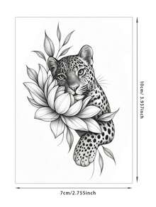 1片黑灰色素描豹紋與蓮花枝葉結合圖案臨時紋身貼紙，逼真紋身設計。適合旅行、音樂節、遊戲、畢業禮物。可維持3-5天。 - 黑色 - 查看 2