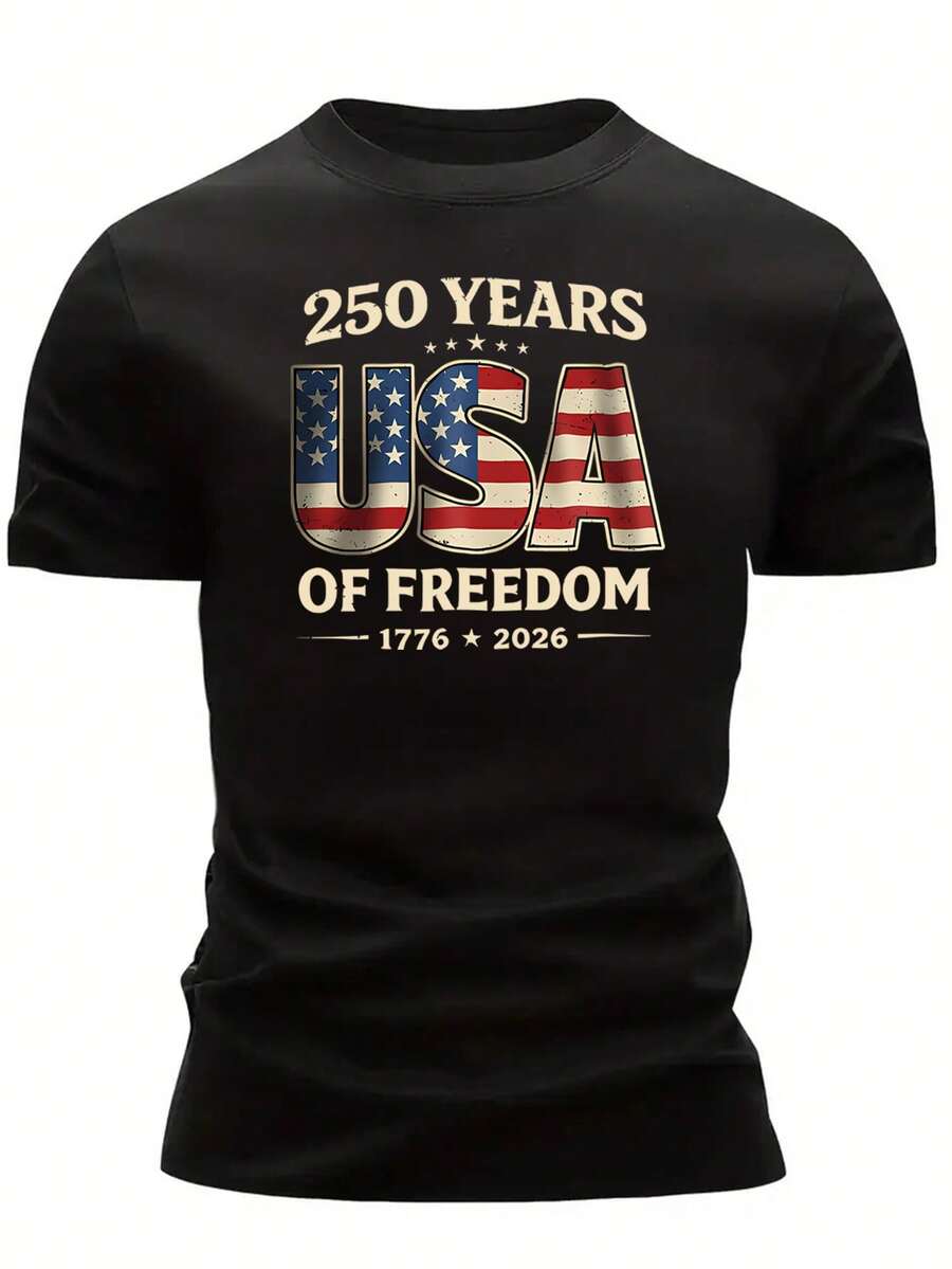 Camiseta de Hombre con Bandera de EE. UU. - Estampado "250 Años de Libertad", Cuello Redondo, Manga Corta con Opción de Doblar la Manga, Corte Holgado, Estilo Casual, Talla S - Negro - Ver 1