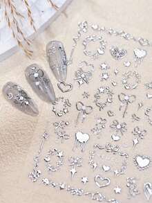 1pc Ins Viral Sweetheart Nail Art Stickers, Gold Foil Bow Embossed Rose Knot Heart Silver Foil Red Heart Nail Decals, Waterproof Easy Peel Non-Damaging No-Bake DIY Nail Stickers Beginner Friendly Nail Decoration - Multicolor - View 2