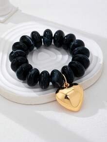 1 Peça Pulseira Elástica com Contas Multicoloridas Feita à Mão, Pulseira com Contas Redondas de Acrílico com Pingente de Coração Banhado a Ouro, Joia de Destaque Empilhável para Mulheres - Multicolorido - Visão 4