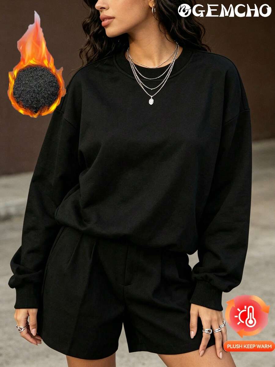 加厚保暖内里休闲简约假日圆领宽松女式卫衣,秋冬款 - 黑色 - 查看 1