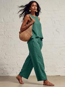 Women's Two-Piece Linen Outfit: Casual Sleeveless Crochet Vest And Wide-Leg Pants, Summer Bohemian Vacation Casual Suit. - 綠色 - 查看 2