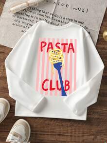 Girls Pasta Club Graphic Long Sleeve T-Shirt Casual Crewneck Loose Fit Daily Tee - White - View 3