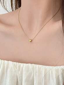 RAYQUEEN Minimalist Stainless Steel Perforated Small Heart-Shaped Fashion Versatile Heart Necklace And Stud Earrings Set Jewelry For Women, Suitable For Daily Wear - Gold - View 6