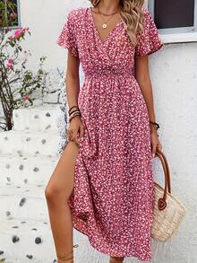 Floral Dress With Butterfly Sleeves And Leg Slit - Red - View 1