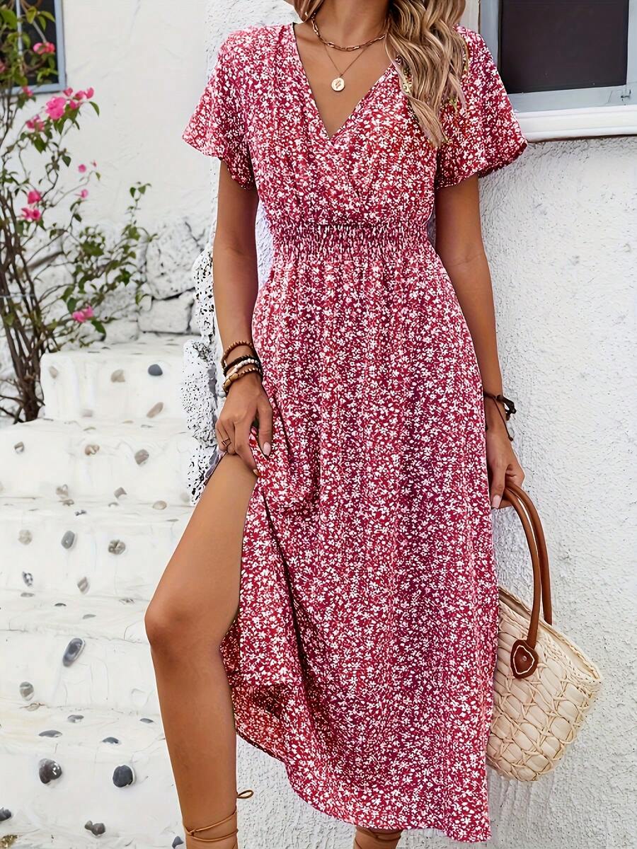 Floral Dress With Butterfly Sleeves And Leg Slit - Red - View 1