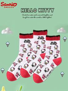 SANRIO 1雙/3雙 女款正版授權 Hello Kitty 紅白對比荷葉邊中筒襪，滿版提花，不易開裂，復古學院風，青春風格中筒襪，適合四季穿著，最佳好友生日禮物、節日週年禮物、聖誕節、新年假期、派對伴手禮 - 白色 - 查看 1